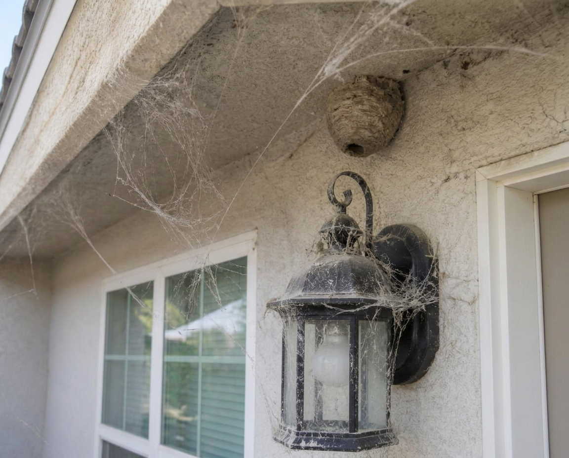 Home exterior before service, covered in spider webs and a wasp nest