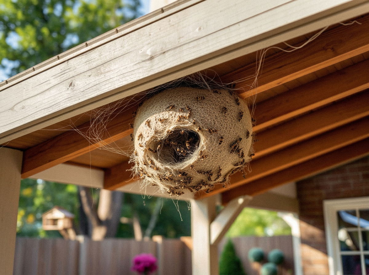Large paper wasp nest under a backyard patio eave