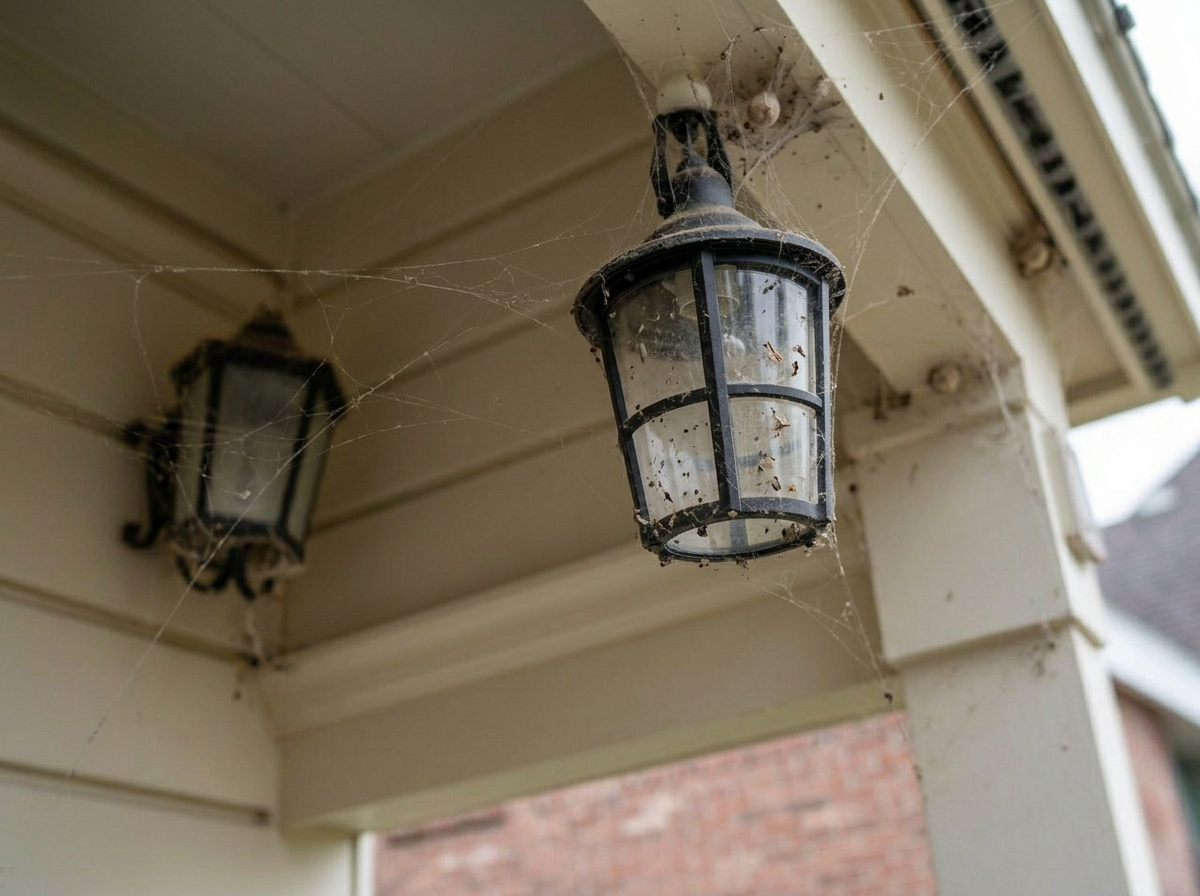 Front porch light fixture buried in spider webs and egg sacs